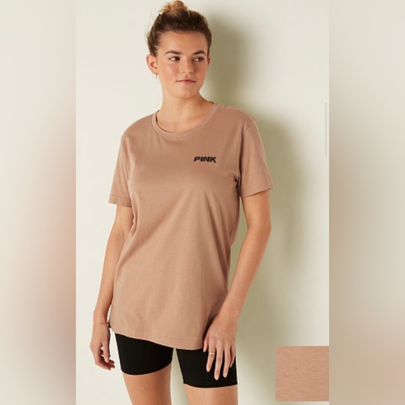 VS Pink Mocha Latte NEW RELEASE Tropical Campus Tee & Cotton Biker Shorts SET - Picture 7 of 14